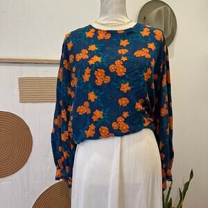 Modcloth Blue Viscose Orange Floral Long Sleeve Back Tie Blouse Plus 26